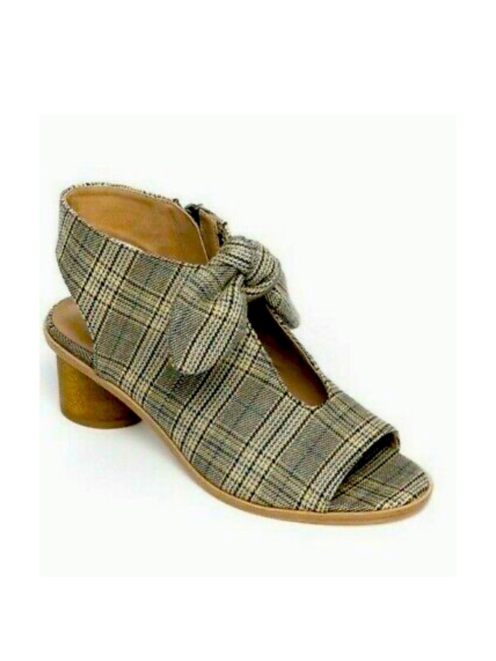 Plaid Open-Toe Knot Block Heel Sandal - Brown